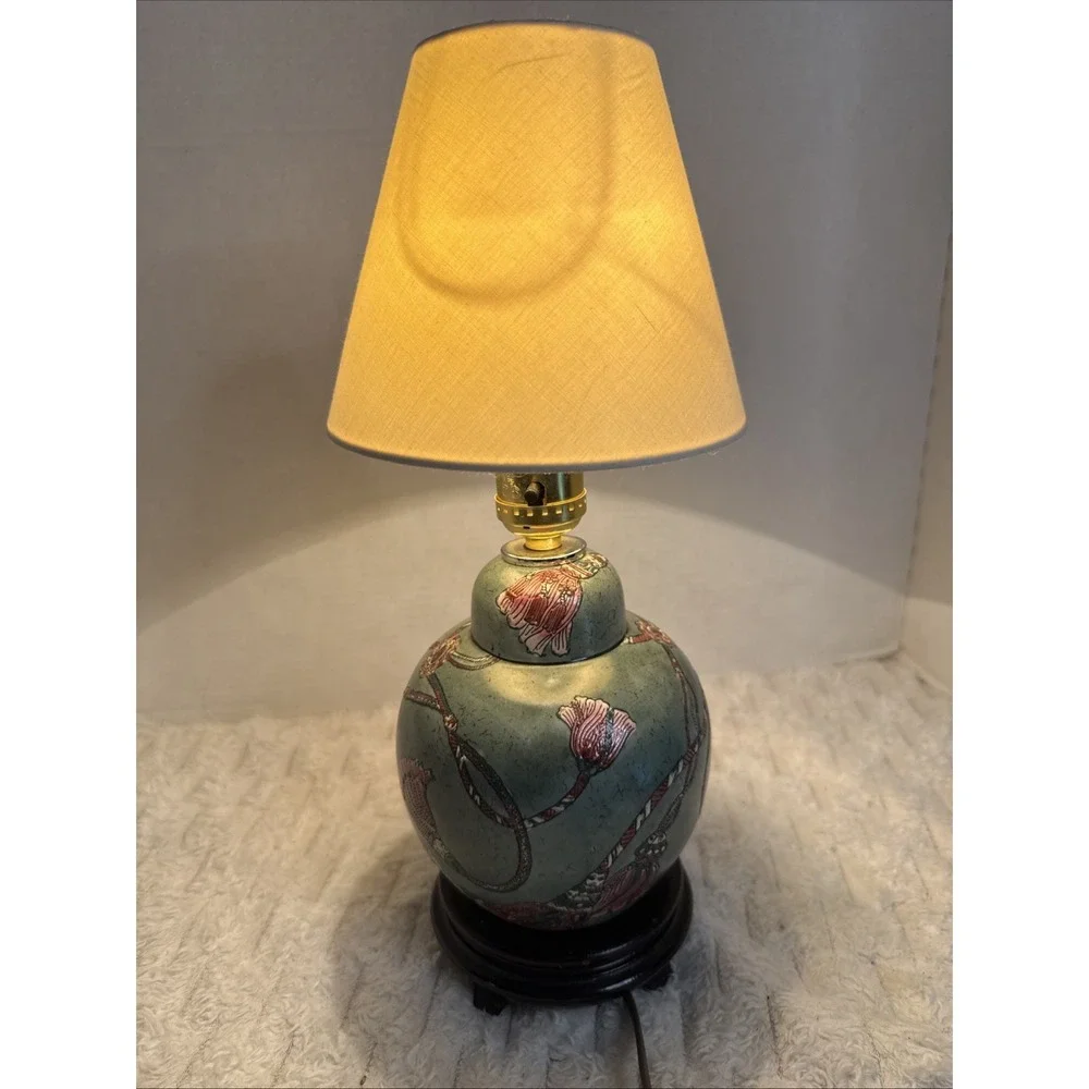VTG Moss Teal Pink Tassel Asian Ginger Jar Tabletop Lamp Cottagecore & Shade